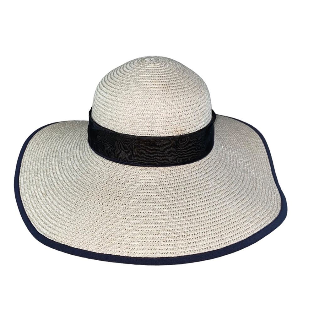 Wide Brim Paper Straw Sun Hat Beige Black Organza Ribbon Bow Adjustable